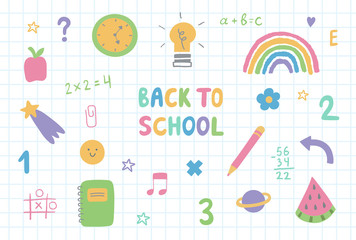 Set of colorful hand drawn school doodle elements,stars,symbols and stationery.Back to school lettering on checkered textbook paper.