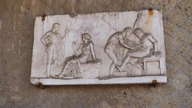 Relief of Telephus - Bas Relief Ancient Roman Art on a Wall in Herculaneum, Naples, Italy
