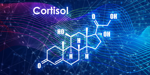 Chemical molecular formula hormone cortisol. Infographics illustration.