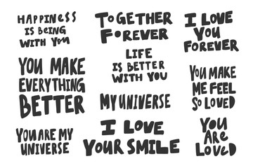 Happiness, together, forever, life, smile, love, feel, better. Vector hand drawn illustration collection set with cartoon lettering. 