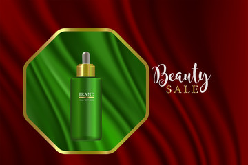 Beauty product ad design, green cosmetic container with holiday concept advertising background ready to use, luxury skin care banner, illustration vector.