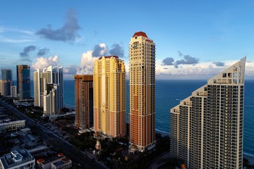 Aerial view of seascape sunset. Sunny Isles, Miami, United States. Great landscape. Vacation travel. Tropical travel. 