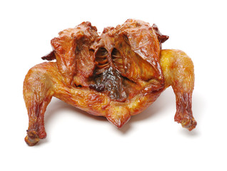 Whole roasted chicken against white background