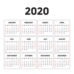 2020 English Calendar Vector Design