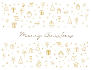 Merry Christmas greeting card with line art icons. Winter xmas postcard in golden color