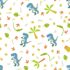 Flat cartoon style dinosaur seamless pattern. Best for kids fashion, children room decoration, kids dino party designs.