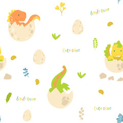 Flat cartoon style dinosaur seamless pattern. Best for kids fashion, children room decoration, kids dino party designs.