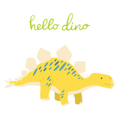 Fototapeta premium Flat cartoon style cute dinosaur. Vector illustration for card or poster, children room decoration, kids dino party designs, kids fashion. Lettering hello dino
