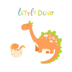 Fototapeta premium Flat cartoon style cute dinosaur with baby dino in the egg. Vector illustration for card or poster, children room decoration, kids dino party designs, kids fashion. Lettering little dino