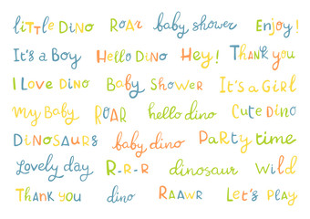 Vector hand drawn set of letterin for children room or party. Dino, baby shower, lovely day