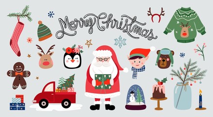 Christmas elements collection with hand lettering and seasonal elements