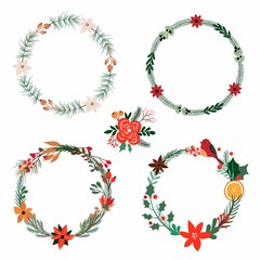 Christmas wreath collection with seasonal plants and flowers
