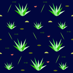 Fototapeta na wymiar Aloe, aloe plants, succulent plants and grass stalks in sand by the seaside. With geometric elements and stylized shells. A cute stylized, seamless vector pattern or illustration, navy blue background