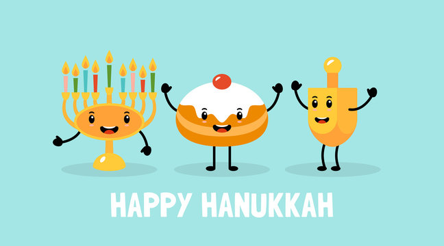 Hanukkah holiday banner design with menorah, traditional doughnuts and dreidel funny cartoon characters.