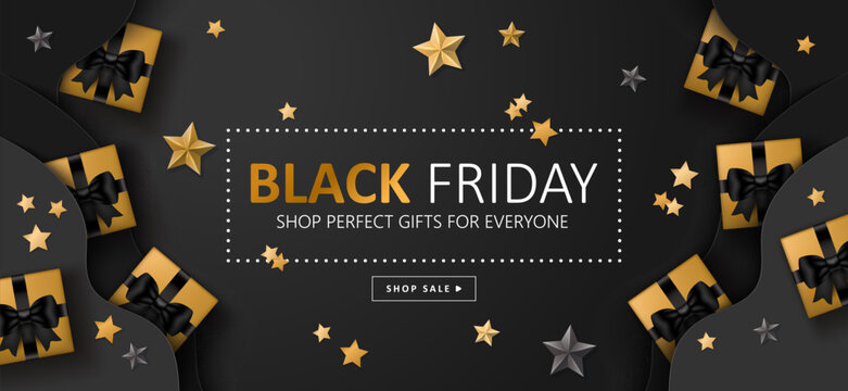 Black Friday sale banner design with gift boxes and stars over black background.