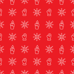 Doodle snowflakes. burning candles, warm gloves on a red background .Vector Seamless background, winter holiday theme.