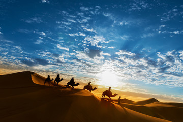 Caravan in the desert during sunrise against a beautiful cloudy sky.