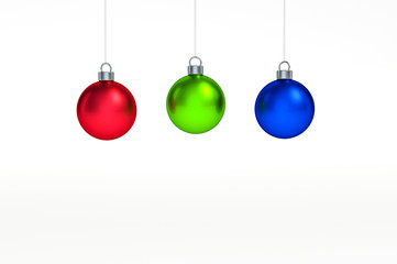 Metallic RGB Color (red, green and blue) of christmas ball Ornaments hanging on white background 3d rendering. 3d illustration  color space minimal style christmas and happy new year concept.