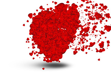 Big red heart made of small hearts is flying on the white background. Small hearts are near the big heart. Happy Valentine's Day