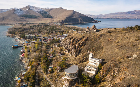 Aerial view of Sevanavank Monastery complex on the lake Sevan