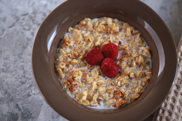 Baked granola with milk and raspberries in a plate. Healthy breakfast. Tasty muesli, snack.
