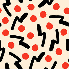 Hand painted seamless pattern in red and black on vanilla background. - 301570405