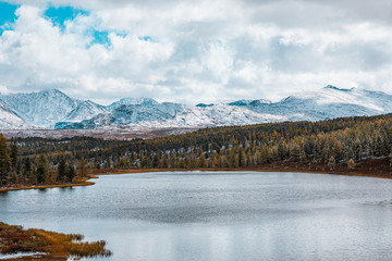 Panorama of mountain lake on background of beautiful snowy mountain peaks in cloudy weather. Mountain lake in the forest. View of lake on the background of blue sky
