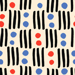 Modern seamless pattern with stripes and dots in black, red and blue on vanilla background. - 301570469