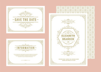 Set wedding invitations flourishes ornaments cards invite with thank you and response design