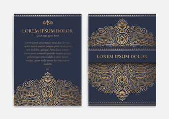 Black luxury invitation card design with gold vintage ornament template. Can be used for background and wallpaper. Elegant and classic vector elements great for decoration.