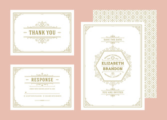 Set wedding invitations flourishes ornaments cards invite with save the date and information design