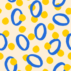 Hand painted seamless pattern with shapes in blue and yellow on vanilla background. - 301570684