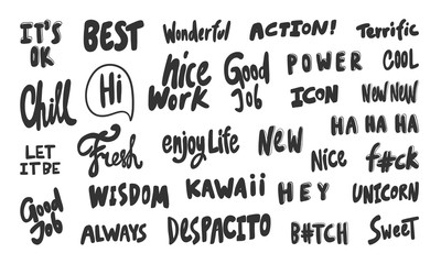 Ok, fresh, hey, wisdom, wow, cool, great, good, nice, work, enjoy, life, hi, best, power. Vector hand drawn illustration collection set with cartoon lettering. 