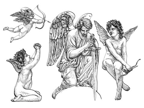 Vintage Amor Angels and Cherubs in classic hand drawn art , statues of engels, thin and fine lines, statuesque style, black and white
