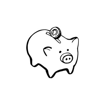 Hand holding a hand drawn vector piggy bank, vector icon.