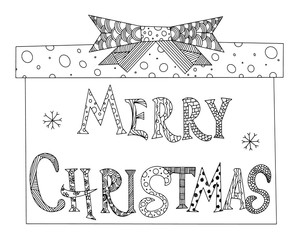Vector coloring in the form of a gift box with a bow and a sign Merry Christmas.Coloring Antistress zentangle for children and adults. Application in printed materials,etc.New Year and Christmas illus