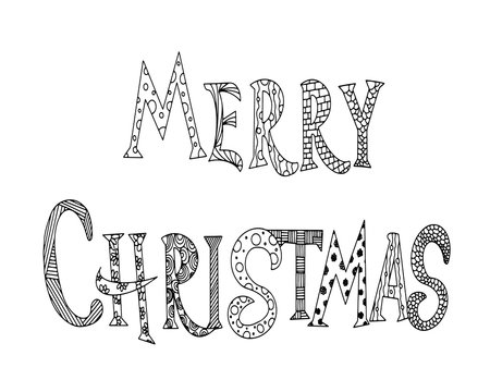 Vector coloring  in the form of a lettering Merry Christmas with many patterns. Coloring Antistress zentangle for children and adults. Application in printed materials. New Year and Christmas coloring