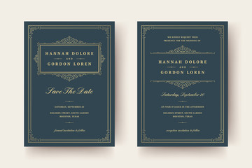 Wedding invitation and save the date cards flourishes ornaments vignette swirls.