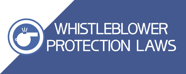 Whistleblower protection laws. Blue poster with the image of a whistle in a circle and text information. - 301572025