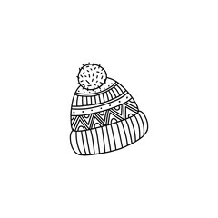 Knitted, linear, black and white, winter hat. Good for Christmas or decoration, posters, greeting cards, banners, textiles, gifts, shirts, mugs or other gifts.