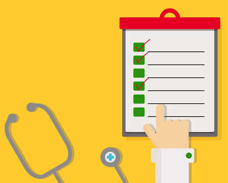 Colorful: Flat Check List Icon With Hand Point To The Paper. Medical Or Health Care Concept, Stethoscope On Yellow Background. Vector Illustration