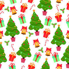 Vector graphics. Adorable, cute pattern with Christmas attributes. Flat cartoon illustration. Festive background. 