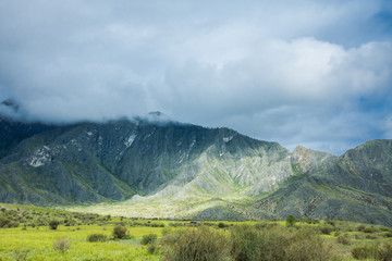 Green hills landscape with mountains on background
