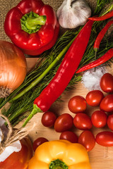the feast in the village, traditional food, salted and ingredients, vegetarian food, vegetables mix.  Ingredients for cooking on a wooden cutting board. food photo.