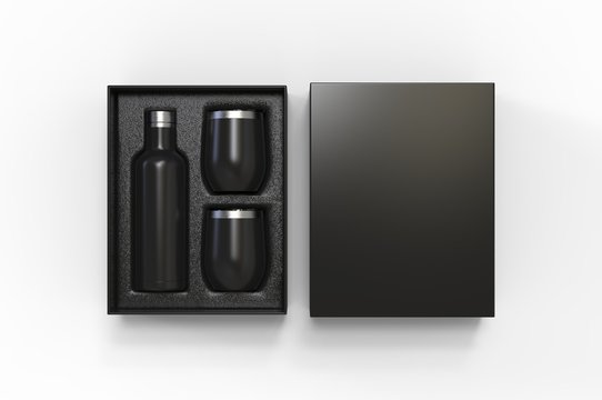 Blank  Insulated Stainless Steel Wine Bottle and Cup Gift Box Set For Branding. 3d render illustration.