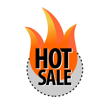 Hot sale round badge sticker with fire and text. Black, orange and gray colors shop offer tag.