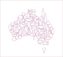 Countries winemakers - stylized maps from silhouettes of wine bottles, glasses and decanters. Map of Australia.