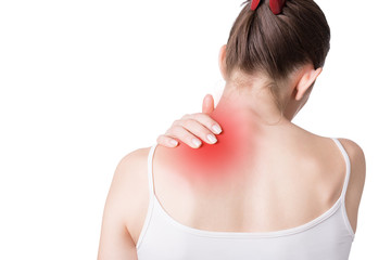 Muscle spasm, neck and shoulders pain. Female back in light top. Woman put her fingers on sore...