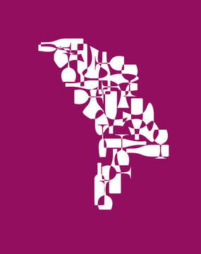 Countries winemakers - stylized maps from silhouettes of wine bottles, glasses and decanters. Map of Moldova.
