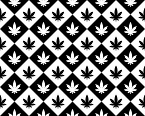 Weed leaf seamless pattern. Black and white contrast background with marijuana plant leaves. Square or rhombus shape chess checkered decoration.